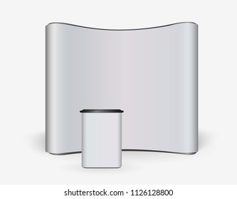 Exhibition Stand Blank Empty wall, trade show booth mock up. Exhibit Exposition. Front view. Vector detailed illustration eps10 isolated on white background. Ready Product Advertising. 3D Render

