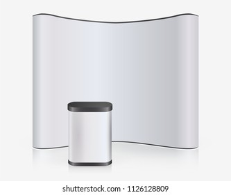 Exhibition Stand Blank Empty wall, trade show booth mock up. Exhibit Exposition. Front view. Vector detailed illustration eps10 isolated on white background. Ready Product Advertising. 3D Render

