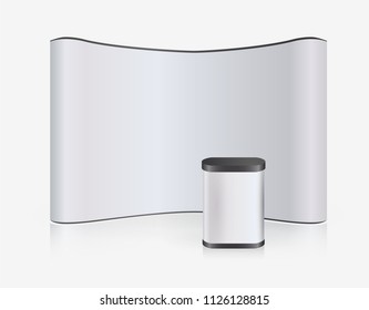 Exhibition Stand Blank Empty wall, trade show booth mock up. Exhibit Exposition. Front view. Vector detailed illustration eps10 isolated on white background. Ready Product Advertising. 3D Render
