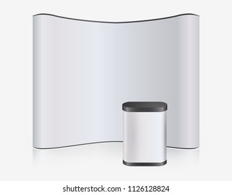 Exhibition Stand Blank Empty wall, trade show booth mock up. Exhibit Exposition. Front view. Vector detailed illustration eps10 isolated on white background. Ready Product Advertising. 3D Render
