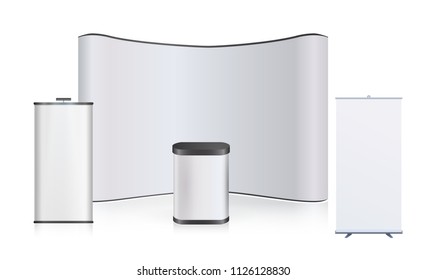 Exhibition Stand Blank Empty wall, trade show booth mock up. Exhibit Exposition. Front view. Vector detailed illustration eps10 isolated on white background. Ready Product Advertising. 3D Render
