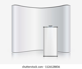 Exhibition Stand Blank Empty wall, trade show booth mock up. Exhibit Exposition. Front view. Vector detailed illustration eps10 isolated on white background. Ready Product Advertising. 3D Render
