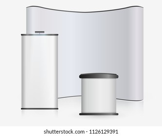 Exhibition Stand Blank Empty wall, trade show booth mock up. Exhibit Exposition. Front view. Vector detailed illustration eps10 isolated on white background. Ready Product Advertising. 3D Render