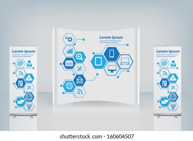 Exhibition stand with cloud of application icon, Technology business software and social media networking online store service idea concept, Vector illustration modern layout template design