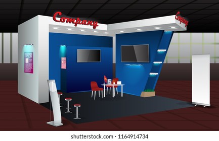 Exhibition stand display design with info board, roll up. Vector Trade booth template with Display Mock-up and corporate identity elements. Creative unique model.