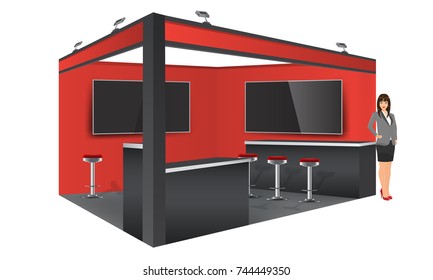 El stand de exhibición muestra el diseño de la cabina de maquillaje, los colores blanco y gris. Vector ilustrado.