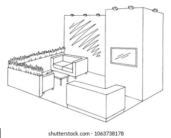 Exhibition stand graphic interior black white sketch illustration vector