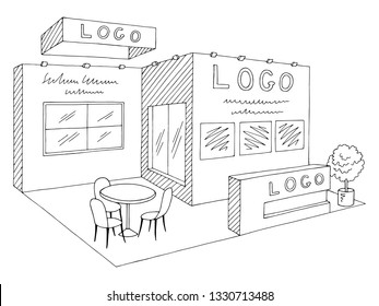 Exhibition stand graphic interior black white sketch illustration vector