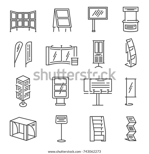 Exhibition\
stand icon set. Section of an exhibition for company to show\
product or information, commercial fair display. Vector line art\
illustration isolated on white\
background