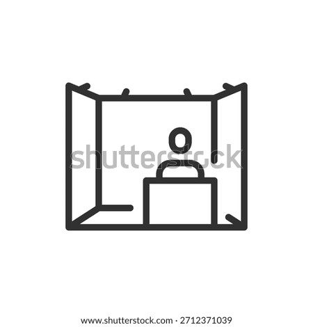Exhibition stand with person, linear icon. Promotional display and trade show presentation. Line with editable stroke.
