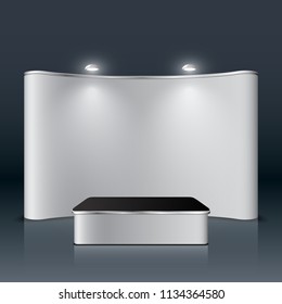 Exhibition stand and table on dark abstract background, vector illustration