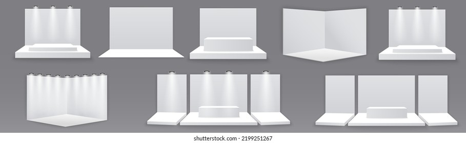 
Exhibition stand. White empty advertising stand with desk. Vector white blank geometric square. Presentation room display. White creative exhibition stand design. Stand template. Corporate identity.
