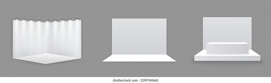 
Exhibition stand. White empty advertising stand with desk. Vector white blank geometric square. Presentation room display. White creative exhibition stand design. Stand template. Corporate identity.