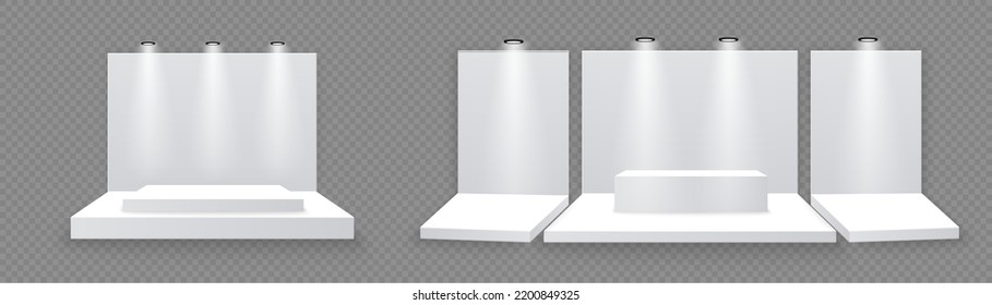 
Exhibition stand. White empty advertising stand with desk. Vector white blank geometric square. Presentation room display. White creative exhibition stand design. Stand template. Corporate identity.