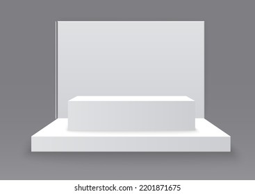 
Exhibition stand. White empty advertising stand with desk. Vector white blank geometric square. Presentation room display. White creative exhibition stand design. Stand template. Corporate identity.