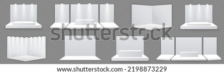 
Exhibition stand. White empty advertising stand with desk. Vector white blank geometric square. Presentation room display. White creative exhibition stand design. Stand template. Corporate identity.