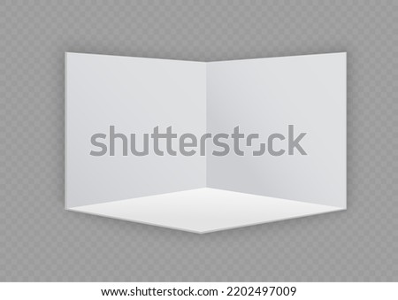 
Exhibition stand. White empty advertising stand with desk. Vector white blank geometric square. Presentation room display. White creative exhibition stand design. Stand template. Corporate identity.