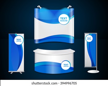 Exhibition stands with blue corporate identity template with digital elements, Vector illustration modern design