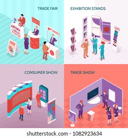 Exhibition Stands Used At Trade Fair And Consumer Show 2x2 Design Concept Isometric Vector Illustration