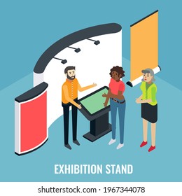 Exhibition, trade fair scene with sales promoter and customer characters, flat vector isometric illustration. Exhibition stand, trade show booth, promotional equipment.