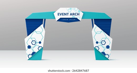 Exposição turquesa e arco de evento azure, portão ou vetor de entrada 3d mock up. Portão retangular realista arqueado ao palco, cabine de exposição ao ar livre, arco de início de maratona com padrão geométrico abstrato