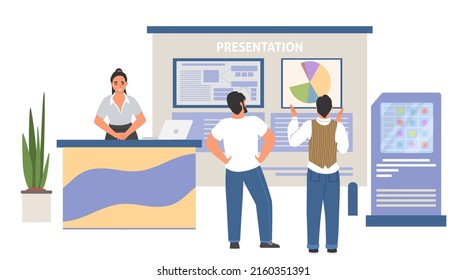 Exhibition vector illustration. Business event expo presentation with visitors and administrator at counter desk