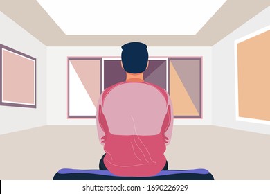 Exhibition visitor viewing paintings at art gallery. Man in the museum sits on a bench. Creative artworks for exhibition. Vector stock illustration in flat cartoon style. Delicate and vibrant colors.