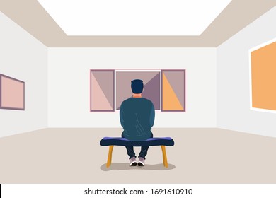 Exhibition visitor viewing paintings at art gallery. Man in the museum sits on a bench. Creative artworks for exhibition. Vector stock illustration in flat cartoon style. Delicate and vibrant colors.