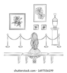 Exhibition visitor viewing paintings at art gallery. Girl in the museum sits on a bench. Creative artworks for exhibition. Line art vector illustration isolated on white background