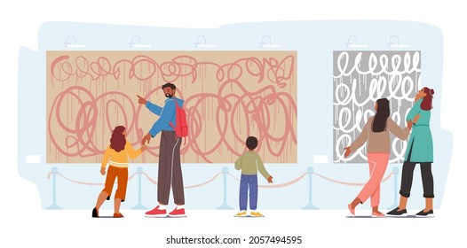 Exhibition Visitors Family with Kids Viewing Modern Abstract Paintings Hanging on Walls at Contemporary Art Gallery. People Enjoying Watching Creative Artworks or Exhibits. Cartoon Vector Illustration