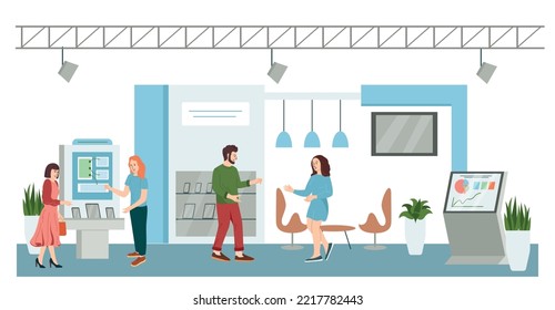 Exhibition with visitors flat composition with indoor view of venue with racks window stands and people vector illustration