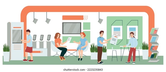 Exhibition with visitors flat composition with indoor view of booth with interactive stand people and leaflets vector illustration