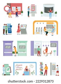 Exhibition with visitors flat set of isolated compositions with front view of booth stands with people vector illustration