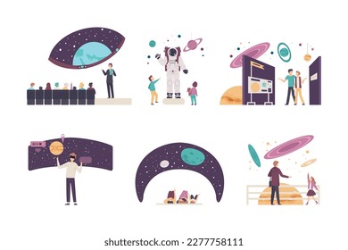 Exhibition visitors having excursion at planetarium. People looking at at planet models, celestial space objects of Solar system cartoon vector illustration