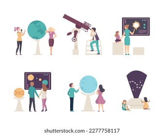 Exhibition visitors having excursion at planetarium. People looking at celestial space objects, planets and stars of Solar system cartoon vector illustration