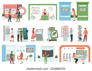 Exhibition with visitors set of flat icons with people and views of exhibit racks and stands vector illustration