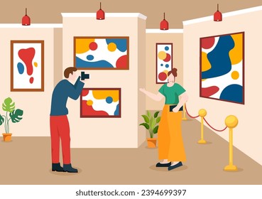 Exhibition Visitors Viewing a Gallery with Modern Abstract Painting at Contemporary in Exposition Hall in Flat Cartoon Background Vector Illustration