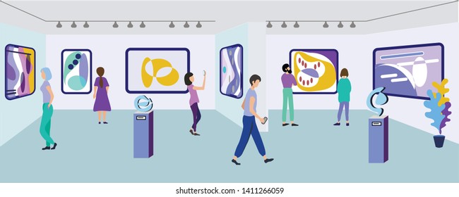 Exhibition Visitors Viewing Modern Abstract Paintings Hanging on Walls at Contemporary Art Gallery. People Enjoying Watching Creative Artworks or Exhibits in Museum. Cartoon Flat Vector Illustration