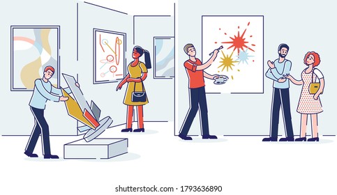 Exhibition Visitors Viewing Modern Abstract Paintings And Trendy Sculptures At Contemporary Art Gallery. People Enjoying Creative Artworks Or Exhibits In Museum. Linear Vector Illustration
