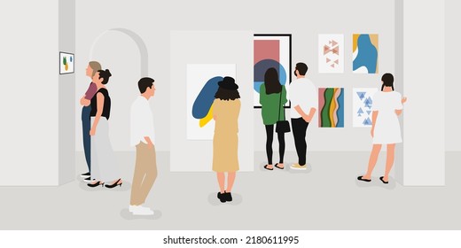 Exhibition visitors viewing modern abstract paintings at contemporary art gallery. Men and women enjoying artworks. Colourful vector illustration in flat style.