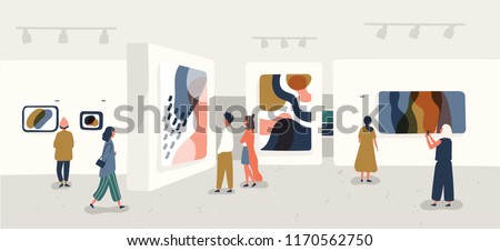 Exhibition visitors viewing modern abstract paintings at contemporary art gallery. People regarding creative artworks or exhibits in museum. Colorful vector illustration in flat cartoon style.