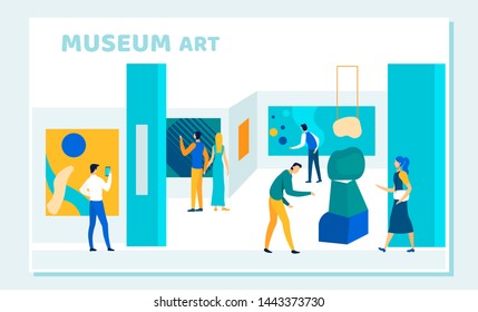 Exhibition Visitors Viewing Museum Art, Modern Abstract Paintings Hanging on Walls at Contemporary Art Gallery. People Enjoying Creative Artworks or Exhibits. Cartoon Flat Vector Illustration, Banner