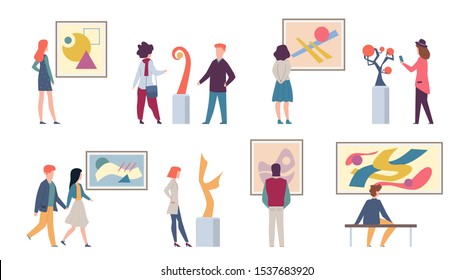 Exhibition Visitors. Young Tourists Looking Art Fashion Abstract Paintings And Taking Photos In Museum Or Gallery, Vector People In Galleries Illustration