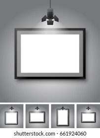 Exhibition wall interior with blank black frames illuminated with spotlights. Realistic 3d vector illustration