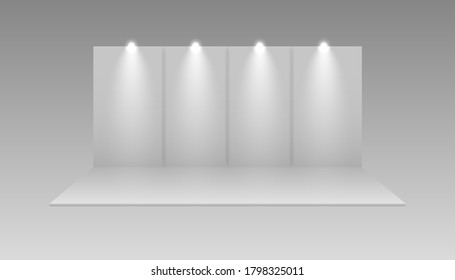 Exhibition white empty vector booth.  Presentation event room display. Vector mockup. 3D exhibition booth. 