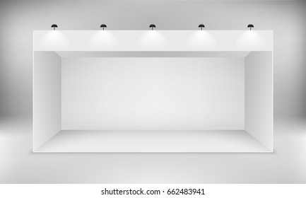 Exhibition white empty vector booth. Trade exhibition standard stand with spotlights.  