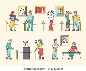 Exhibition works of art museum, audience to appreciate. flat design style minimal vector illustration.