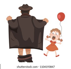 exhibitionist opened his coat and took off his pants.  little girl in shock. A pedophile scared the girl. danger to children