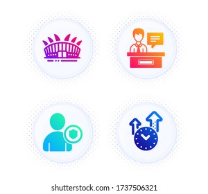 Exhibitors, Arena stadium and Security icons simple set. Button with halftone dots. Time management sign. Information desk, Sport complex, Person protection. Office clock. Business set. Vector