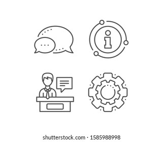 Exhibitors line icon. Chat bubble, info sign elements. Information desk sign. Linear exhibitors outline icon. Information bubble. Vector